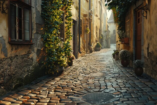 Charming cobblestone alleyway in an old town