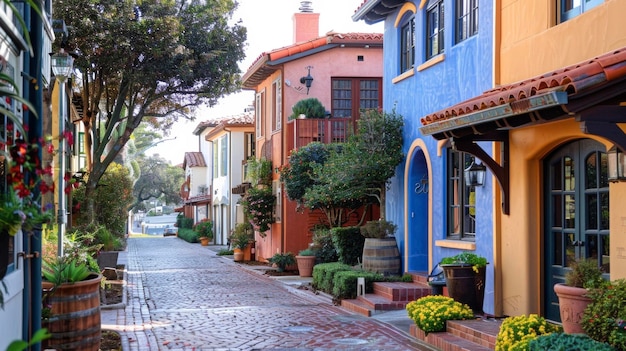 A charming cobblestone street lined with colorful quaint houses showcasing a mix of traditional and