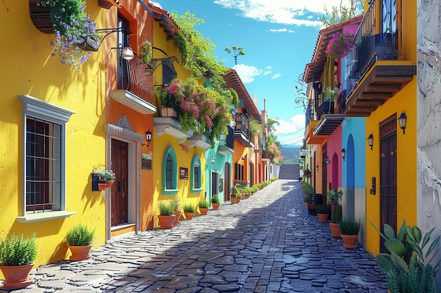 A charming cobblestone street lined with colorful