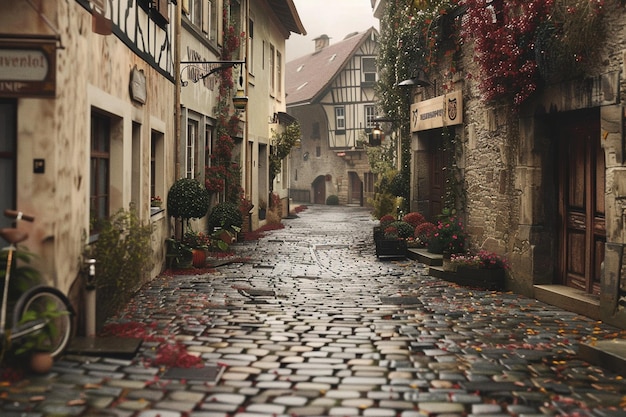 Photo a charming cobblestone street in an old european t