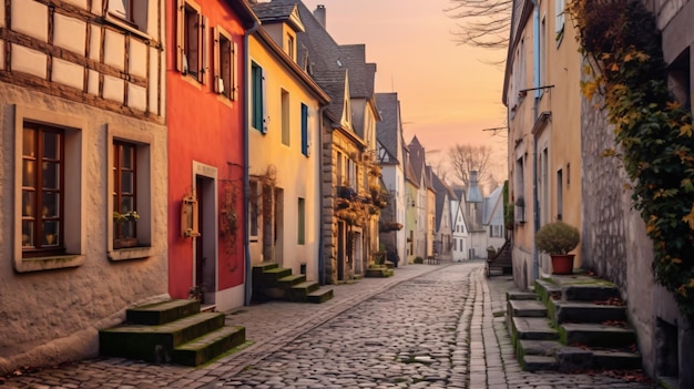 Charming Cobblestone Street with Twin Red Doors A Captivating Scene Generated by AI