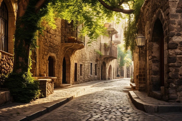 Charming cobblestone streets in an old European town