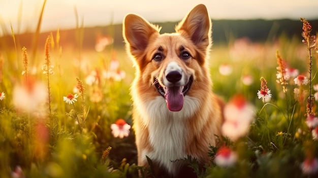 Charming corgi dog with flowers in the spring generative ai