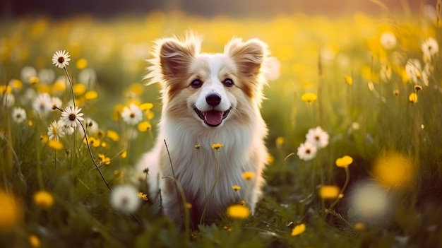 Charming corgi dog with flowers in the spring Generative AI