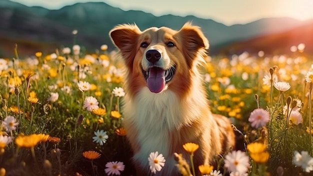 Charming corgi dog with flowers in the spring Generative AI