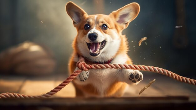 Photo a charming corgi engaging in a game of tugofwar tugging on a rope with all its might displaying