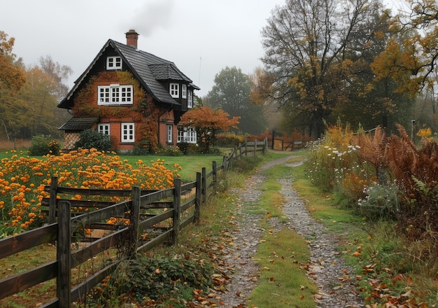 Photo charming cottage in the countryside surrounded by a colorful garden