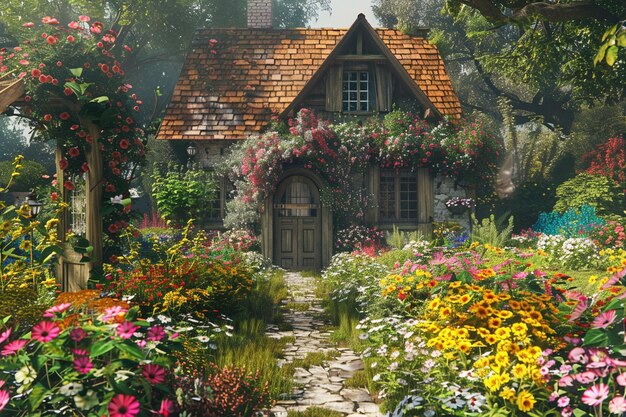 Photo charming cottage garden bursting with colorful blo