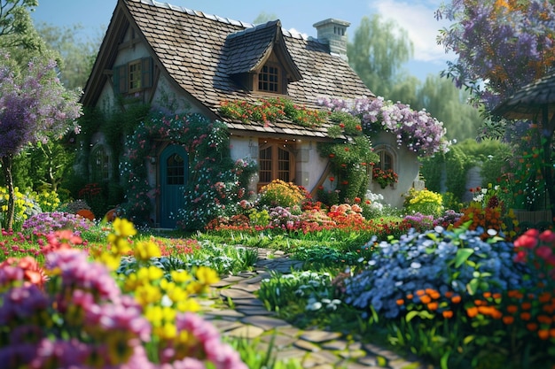 Charming cottage garden bursting with colorful blo