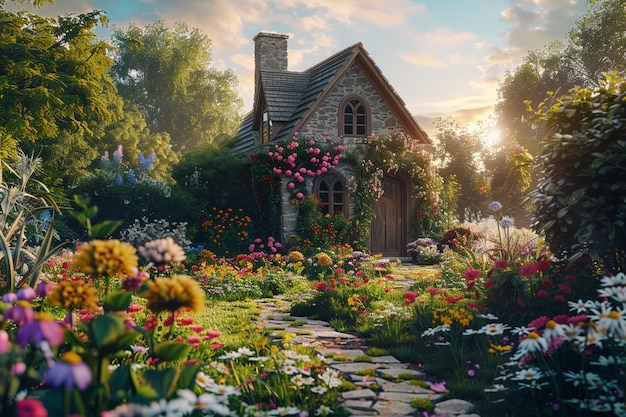 A charming cottage garden with blooming flowers oc