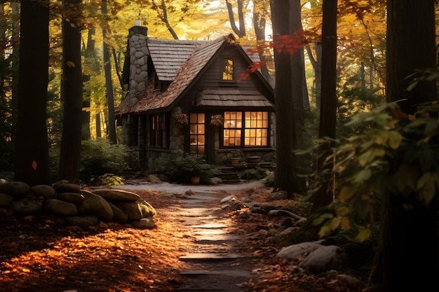 charming cottage nestled in an autumn forest representing a tranquil retreat during the equinox