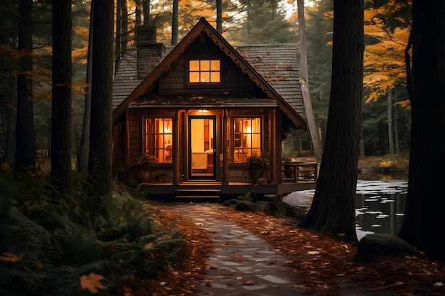 очаровательный коттедж, расположенный в осеннем лесу, представляет собой спокойное уединение во время равноденствия
