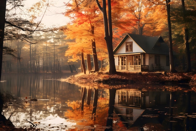 charming cottage nestled in an autumn forest representing a tranquil retreat during the equinox