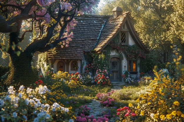 Foto un affascinante cottage circondato da fiori in fiore