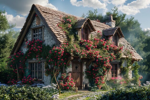 Photo charming cottage with a rosecovered trellis