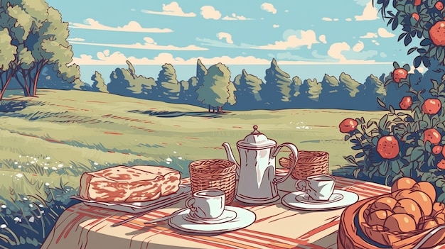 魅力的な田舎のピクニック ファンタジーコンセプト イラスト 絵画