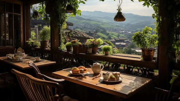 Foto un caffè affascinante e accogliente situato in un sereno paesaggio rurale vietnamita con colline e montagne