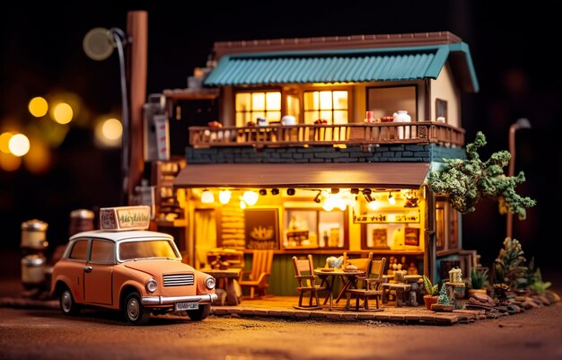 A charming and cozy coffee shop Set beside a busy highway with Warm and golden sunset light and a Picturesque sunset view with vibrant colors AI Generative