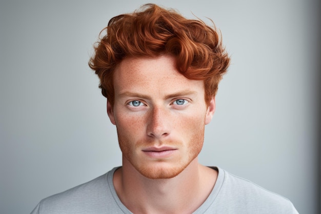 Charming curley redhead european man with bristle and bright natural blue eyes on white background