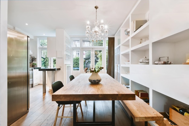 Charming dining room with a crystal chandelier