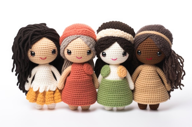 A charming and diverse group of amigurumistyle girls representing different ethnicities