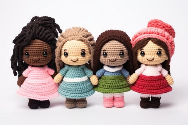A charming and diverse group of amigurumistyle girls representing different ethnicities