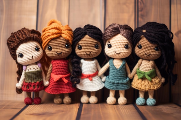 A charming and diverse group of amigurumistyle girls representing different ethnicities