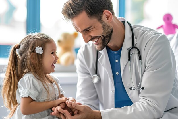 Charming doctor playing with a little girl at the hospital