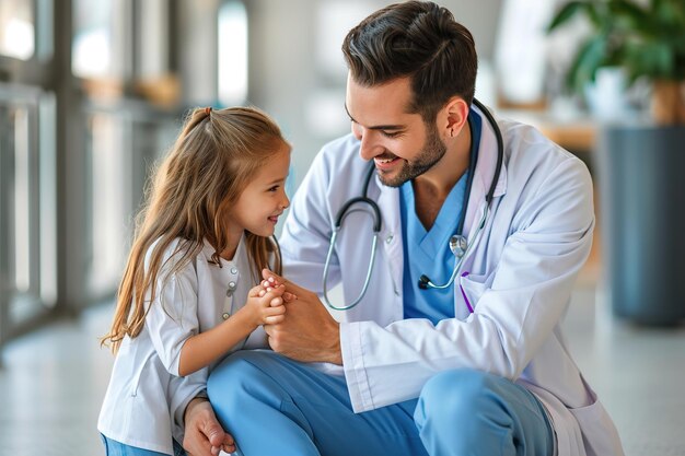 Очаровательный доктор играет с маленькой девочкой в больнице