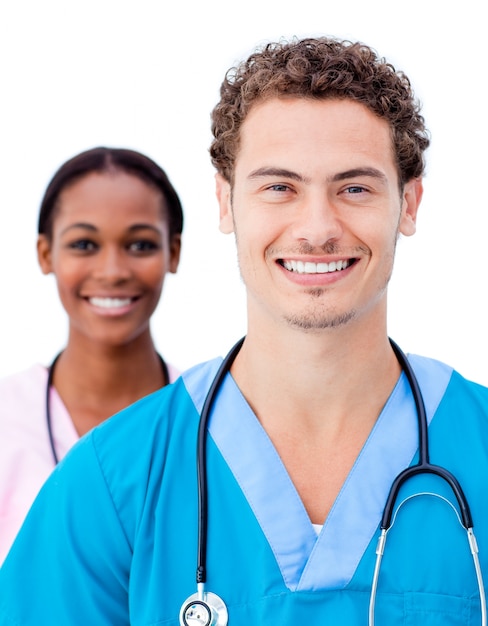 Charming doctors smiling at the camera 