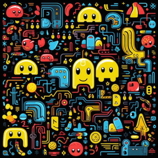 Photo a charming doodle pacman pattern embark on a nostalgic gaming adventure