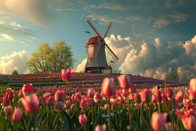 A charming Dutch windmill surrounded by tulip fiel