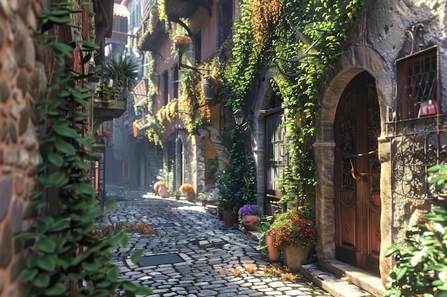 A charming European alleyway with cobblestone stre