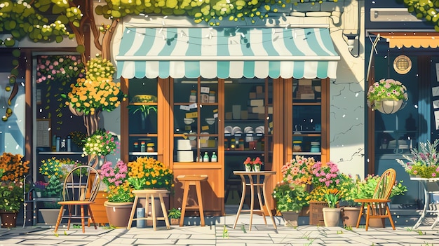 写真 花屋とカフェがある魅力的なヨーロッパ風の通り