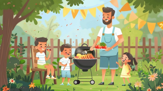 Увлекательное семейное барбекю на заднем дворе с отцом на гриле и детьми, наслаждающимися иллюстрацией