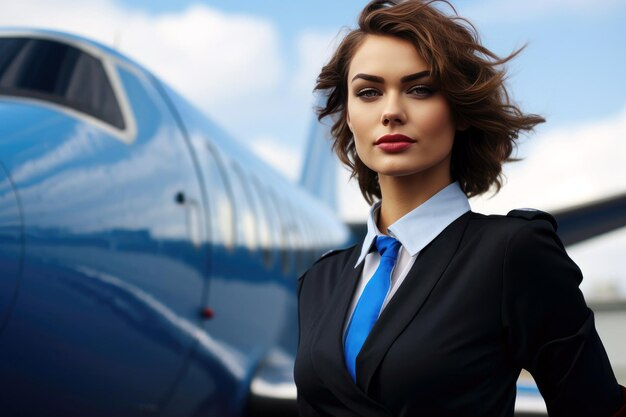 Photo charming flight attendant in uniform on an airport runway