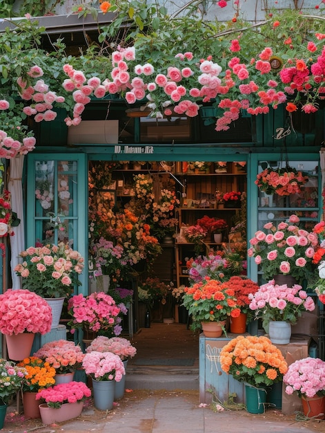 写真 魅力的な花屋の正面はbloomsxaで溢れています