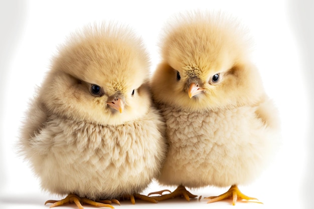 Charming fluffy beige chicks isolated on white background