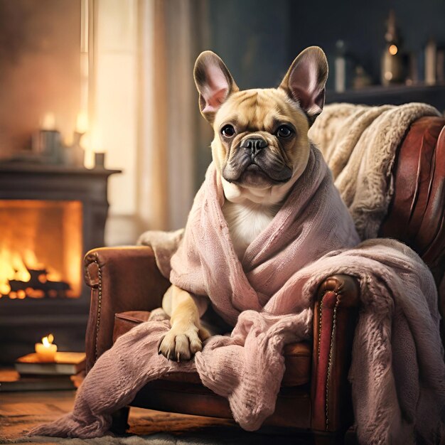 A charming French Bulldog sitting on a cozy armchair by a fireplace