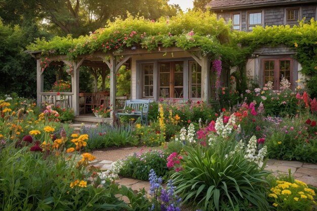 活気のある花の床を持つ魅力的な庭の小屋