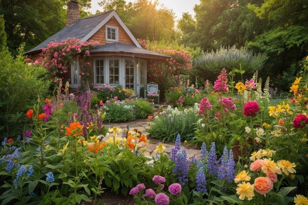 活気のある花の床を持つ魅力的な庭の小屋