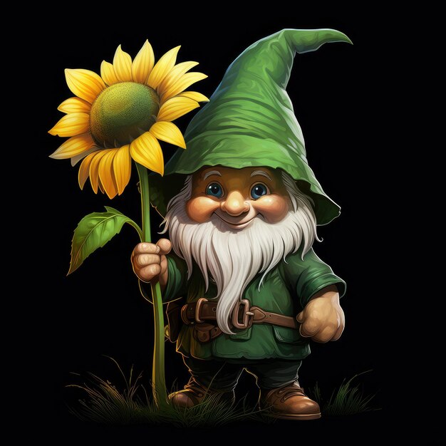 Charming Garden Gnome with a Lush Beard and a Bright Sunflower Generative AI