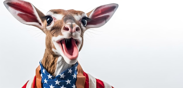 Foto un affascinante gerenuk che celebra con una bandiera degli stati uniti il giorno dell'indipendenza il 4 luglio bandiera americana sfondo bianco generativo ai