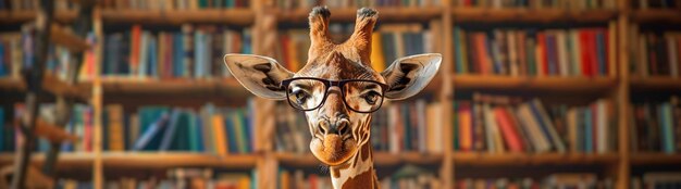 Foto una affascinante giraffa con gli occhiali sembra assorbita dalla lettura di un libro