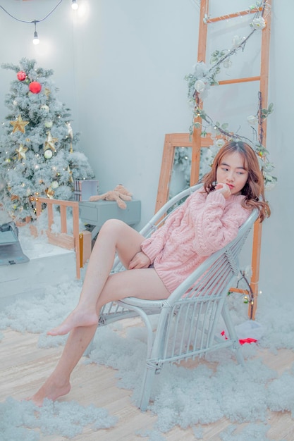 charming girl on christmas chair