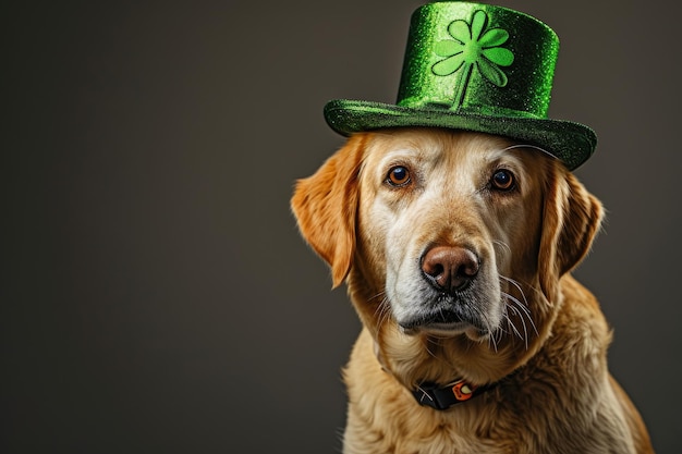 A charming golden retriever dog sporting a festive green hat with a shamrock for St Patricks Day celebration