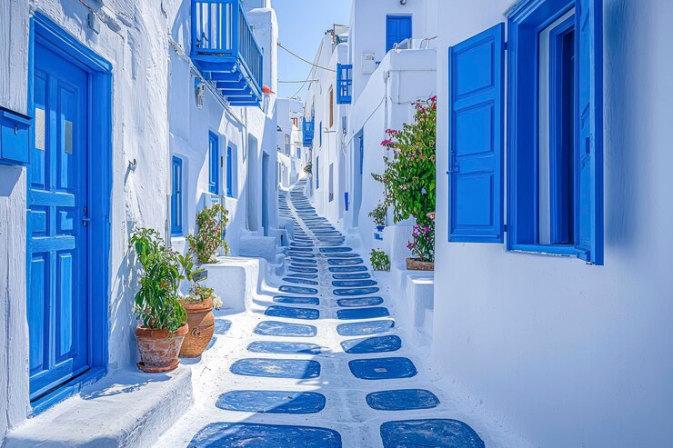 Photo charming greek village scene quaint blue and white cobblestone streets with traditional houses in mykonos island greece