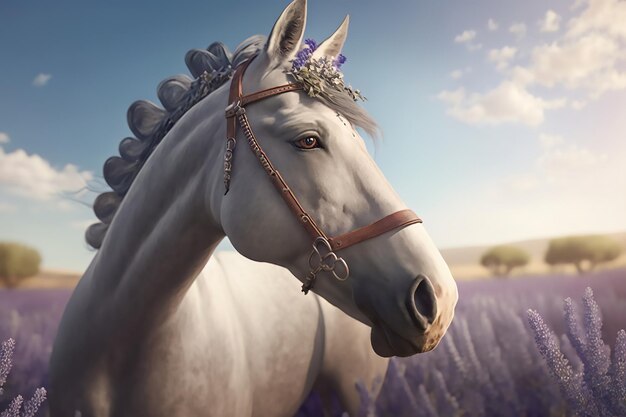 a charming grey horse with a bridle standing in a lavender field Ai generative Copy space