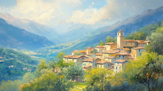 charming hillside village nestled in a picturesque valley under a bright sky during the afternoon