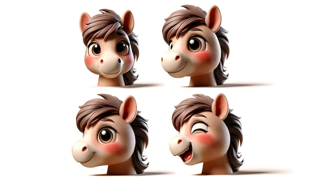 charming horse in four poses smiling forward winking sideways looking surprised over its shoulder